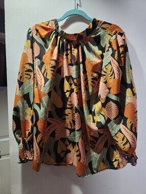 SHEIN Black Tropical Leaf Peasant Blouse